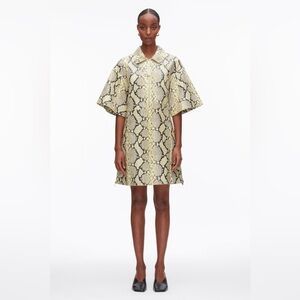 Snake Print Short-Sleeve Shift Shirt Dress with Button Placket